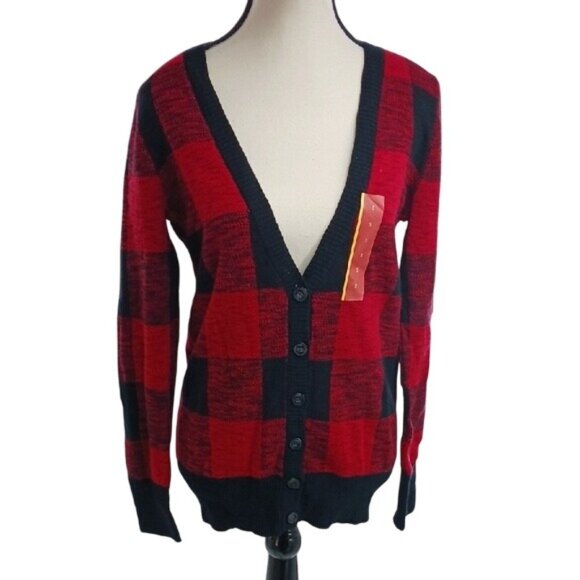 Mossimo Cardigan Sweater Red Black Buffalo Plaid V Neck Womens Size S - Picture 1 of 7